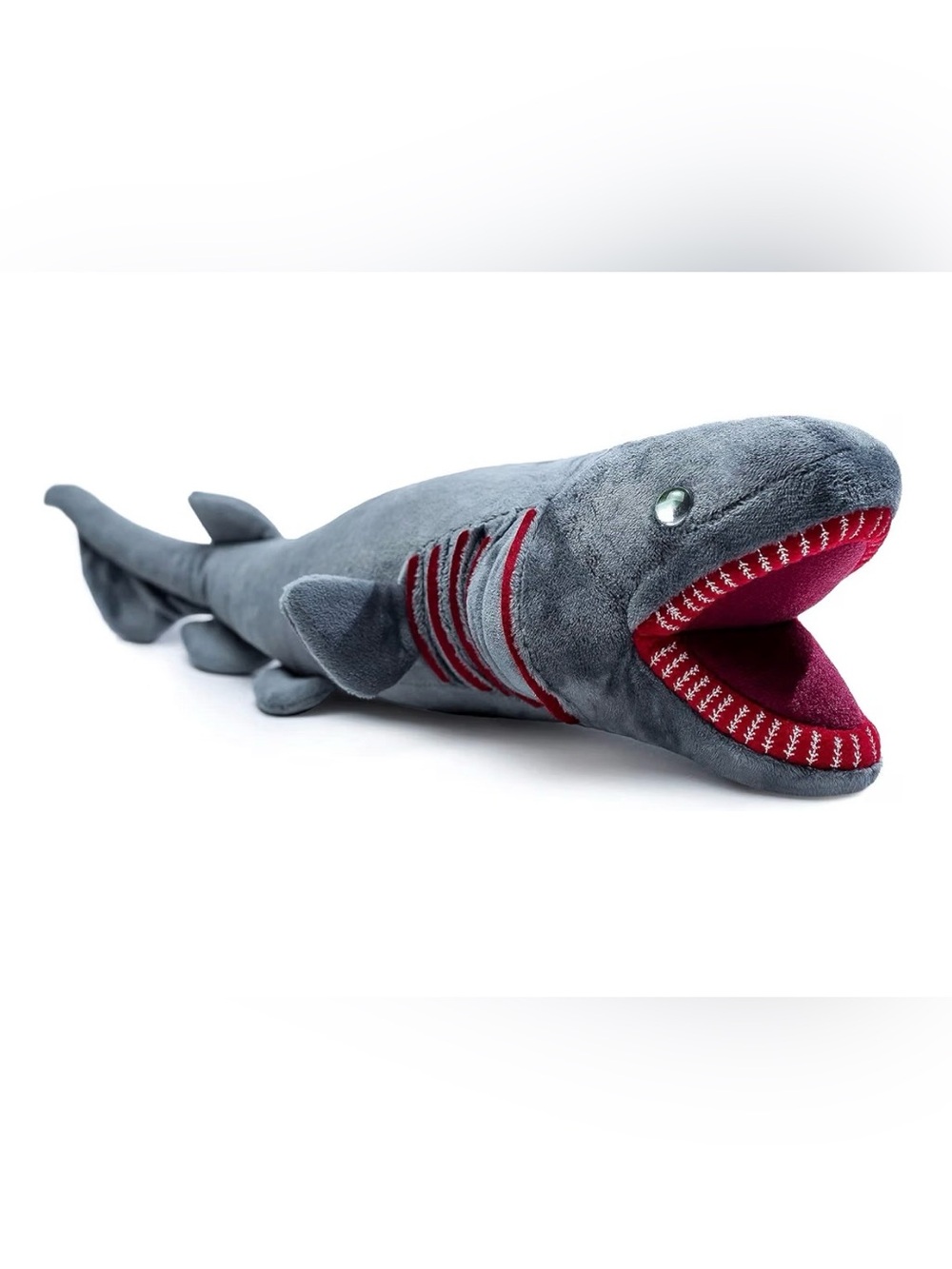 Shark Plush Toy; Gray & Red With Green Marbly Eyes